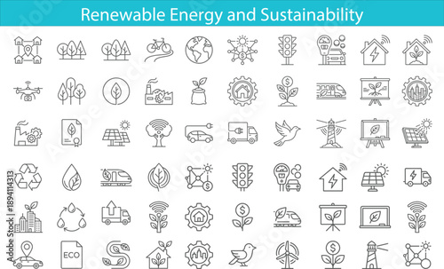 Renewable energy and sustainability line icon set featuring eco technology, green transportation, smart city, recycling, solar power, wind energy, environmental conservation 