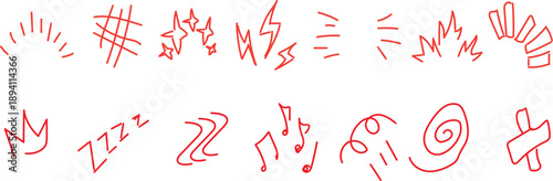  collection of hand-drawn red doodle elements, often used as symbols or graphic accents in designs and illustrations. 