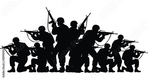 A group of soldiers depicted in a stark black silhouette holding rifles in a unified imposing formation silhouette high quality professional