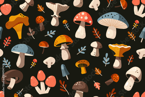 Mushroom pattern. Seamless print of forest fungi, cartoon cute cep boletus truffle champignon, colorful edible mushrooms background for wrapping paper, textile. Vector texture