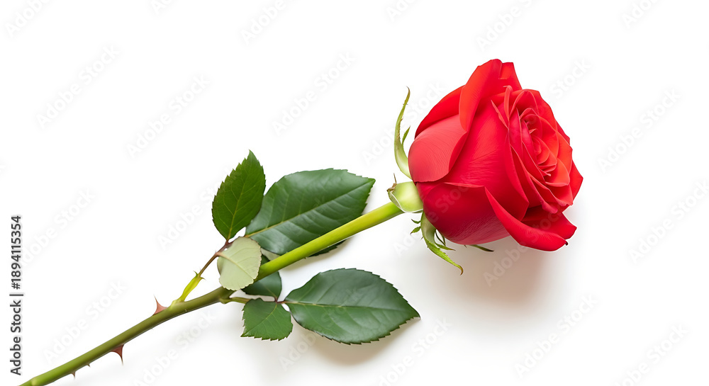 Obraz premium Single Red Rose with Green Leaves and Stem on White Background