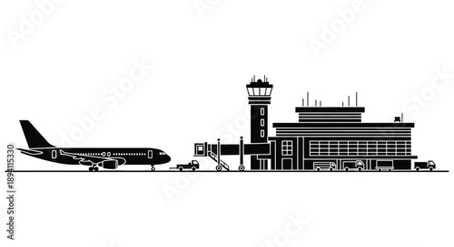 A striking black and white illustration depicts an airport terminal with a plane showcasing a bold silhouette high quality professional detailed