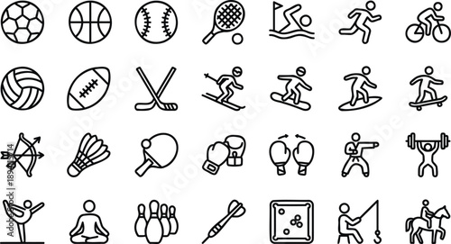 Collection of modern line icons for various sports and activities