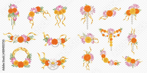 Set of floral arrangements with marigolds and ribbons, traditional Indian wedding decorations.