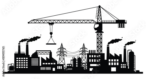An industrial cityscape featuring a crane factory smokestacks and power lines presented as a striking silhouette high quality professional detailed modern