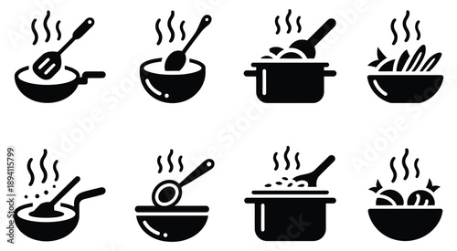 Cooking icons and symbols, vector illustration of food preparation tools, utensils, ingredients, kitchen activities, culinary concept, modern flat design.