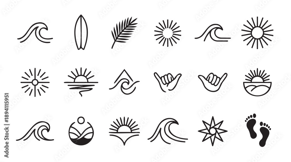 Naklejka premium Minimalist beach icons set with sun wave and palm elements