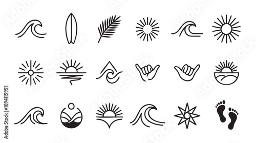 Minimalist beach icons set with sun wave and palm elements