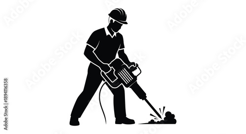 A construction worker operates a jackhammer powerfully breaking ground in a striking black silhouette high quality professional detailed modern elegant stylish