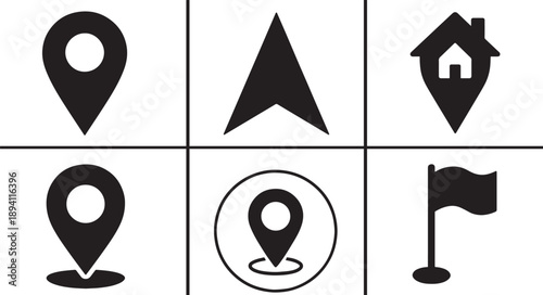 Solid style location marker icons with classic map pin symbols for navigation, GPS, web and app UI.