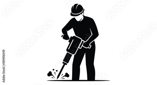 A black silhouette depicts a construction worker operating a jackhammer breaking ground with forceful impact silhouette high quality professional detailed modern