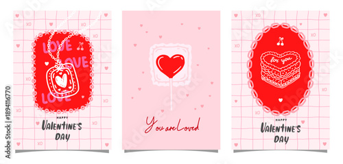 Valentines whimsy set of cards with love symbols, greeting card, background, vertical poster, creative hand drawn vector illustration