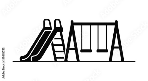 A black and white illustration of a playground swing set and slide presented as a striking silhouette high quality professional detailed