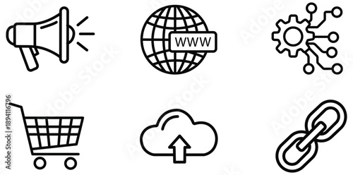 Digital Transformation Icons: A set of clean, minimalist icons symbolizing key aspects of the digital realm, ranging from global connectivity to secure data storage and dynamic.