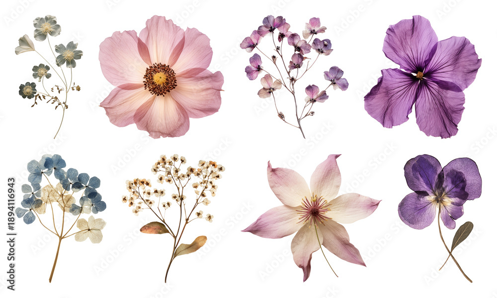 Fototapeta premium PNG Colorful pressed flowers collection, transparent background