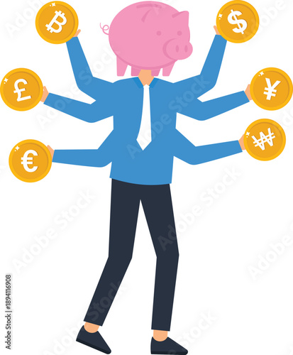 Piggy bank financial investment global currency multiple arms money management business person cryptocurrency trading wealth diversification saving concept flat design