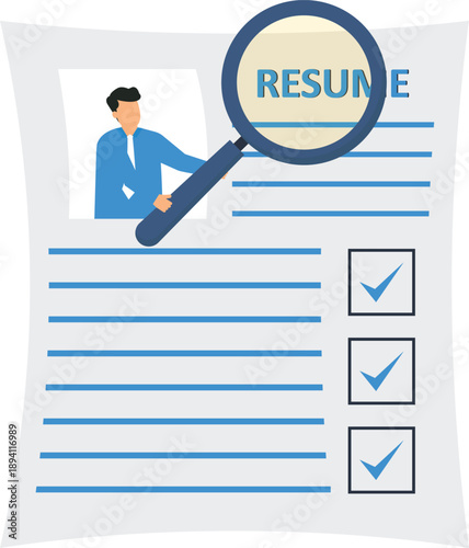 resume document, job application, recruitment process, human resources, magnifying glass, candidate selection, 