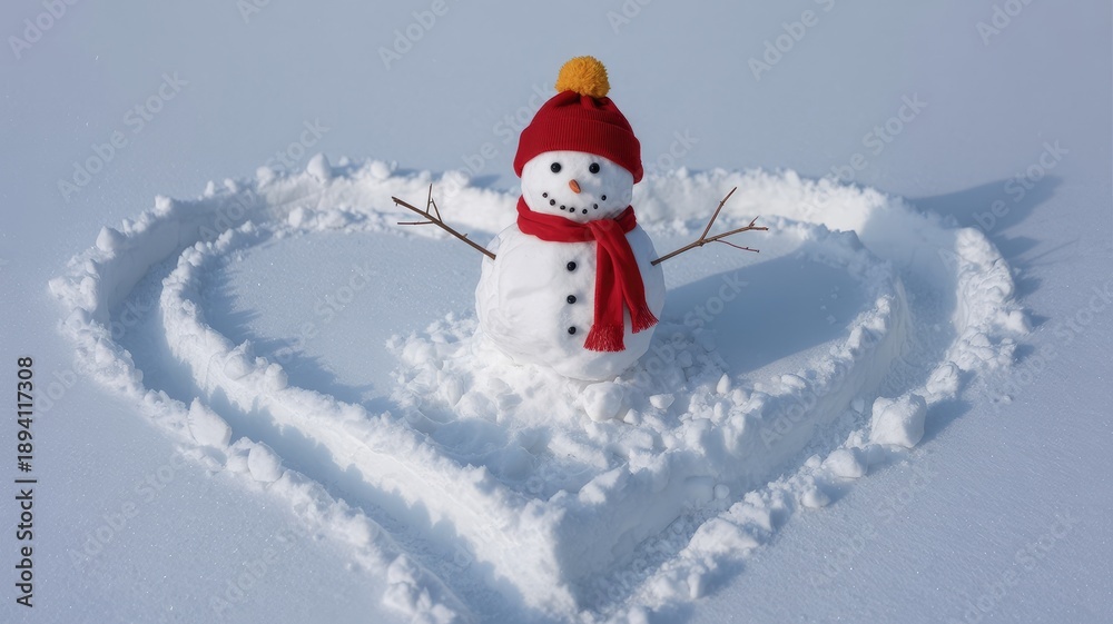 Fototapeta premium Snowman in heart shaped snow on winter day