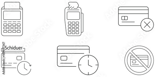 Payment Processing Icon Set: This image features a minimalist icon set for payment processing, ideal for modern design. The elements include credit cards, point-of-sale machines.