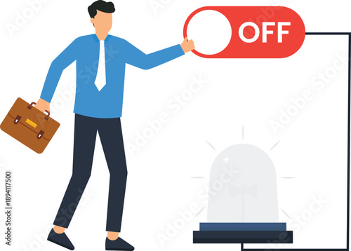 Businessman turning off toggle switch corporate control system shutdown emergency stop alert deactivation professional worker flat design safety management digital illustration