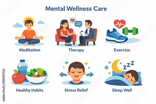 Mental wellness care: meditation, therapy, exercise, healthy habits, stress relief, sleep