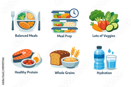 Balanced nutrition essentials: meal prep, veggies, protein, grains, hydration