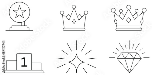 Royalty and Rewards:  A selection of line art icons featuring a triumphant trophy, regal crowns, a winning podium, and radiant diamonds, all in a minimalist style. Evoking themes of achievement.