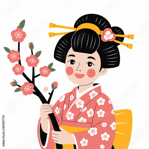 Geisha holding cherry blossom branch cherry blossoms