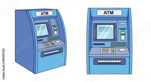 Two cartoon illustrations of modern atm machines with digital displays