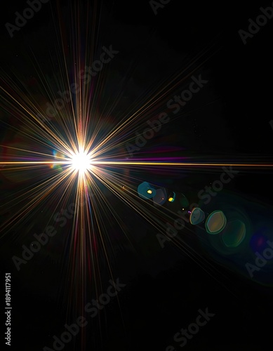 Brilliant white light bursts forth with vibrant starburst rays and visible lens flare artifacts against a deep black background.