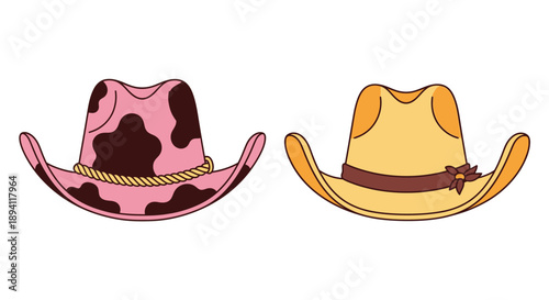 Two colorful cowboy hats pink and brown and yellow with brown trim