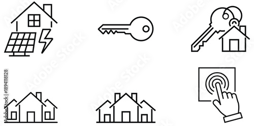 House and Keys Icon Set: An assortment of line art icons representing essential aspects of homeownership and real estate, including a house, keys, and solar panels.