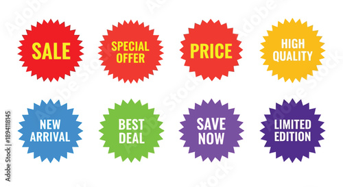 Colorful sale and offer badges with promotional text labels
