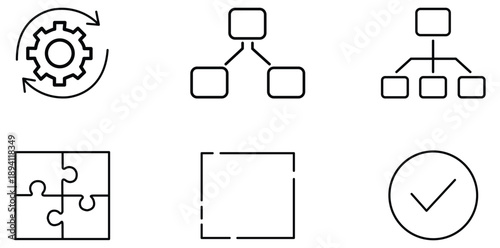 System of icon concepts: A curated set of clean, minimalist line icons, each representing core concepts of technology, business, and design.