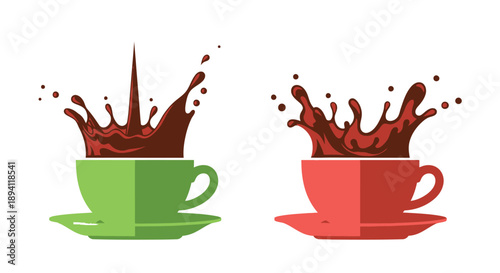 Splashing coffee in vibrant cups a dynamic and colorful illustration