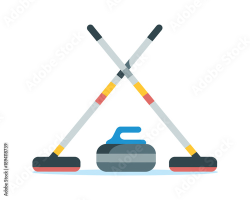 Curling brooms and stone, winter ice sport equipment illustration, professional curling game tools, ice rink sports concept, vector design.