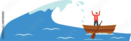 Businessman crisis facing danger huge wave business risk financial disaster overwhelmed man rowboat water corporate challenge economic downturn stressful situation panic emotion