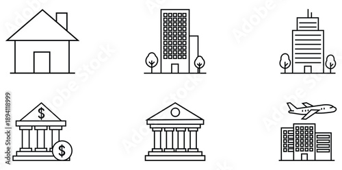 Architectural Icons: A set of six meticulously crafted line drawings depicting various buildings, each an icon of its kind, perfect for illustrating diverse architectural concepts.