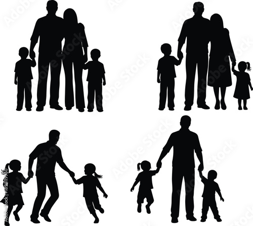 Diverse family silhouette collection, featuring parents holding hands with children, fathers walking with daughters and sons, happy lifestyle vector set.