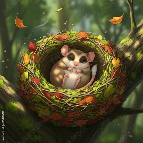 Dormouse in Autumn Nest - A Cozy Forest Scene.