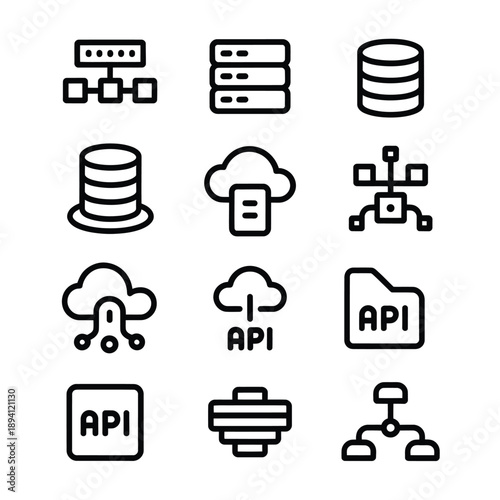 Line art icons depicting data servers clouds and application programming interfaces