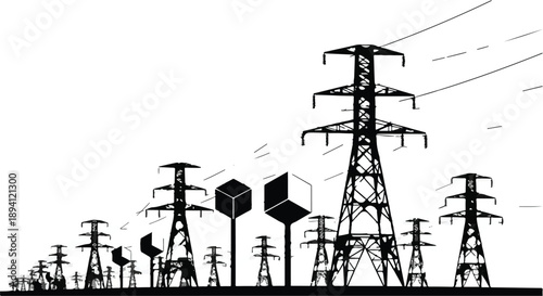 Electric power transmission towers and oil rigs in industrial landscape silhouette, energy infrastructure and fossil fuel production concept