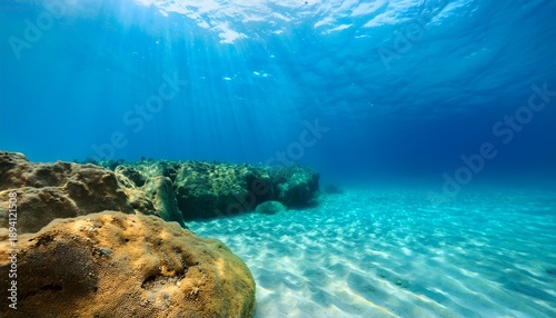 underwater view of a sandy seabed with golden rocks and crystal clear turquoise water