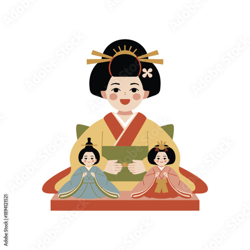 Japanese Doll Set With Three Figures In Traditional Clothing