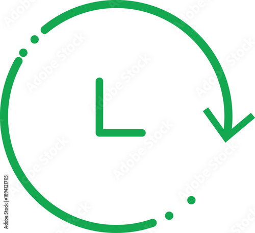 Green circular arrow with clock hands indicating time passing on a white background