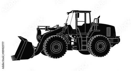 A striking black silhouette of a front end loader showcasing industrial machinery and heavy equipment design silhouette high quality professional detailed modern