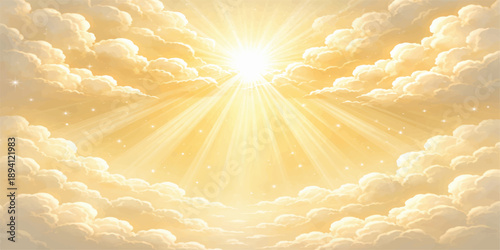A beautiful clear blue sky features the bright summer sun casting radiant rays through white clouds, creating a scenic nature cloudscape filled with heavenly sunlight and airy atmosphere on a sunny da