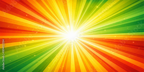 Vibrant abstract rainbow background featuring a bright summer sunburst with colorful orange rays and a sunny light explosion vector design