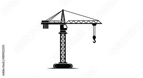 A stark black silhouette of a towering construction crane stands against a bright white background representing industry and progress silhouette
