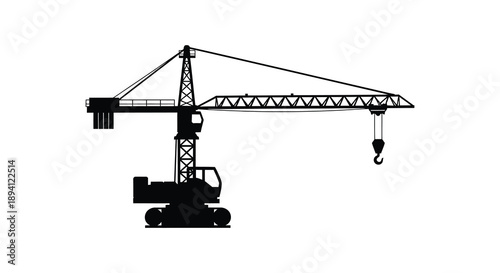 A stark black silhouette of a large construction crane with treads showcasing industrial power and engineering silhouette high quality professional detailed